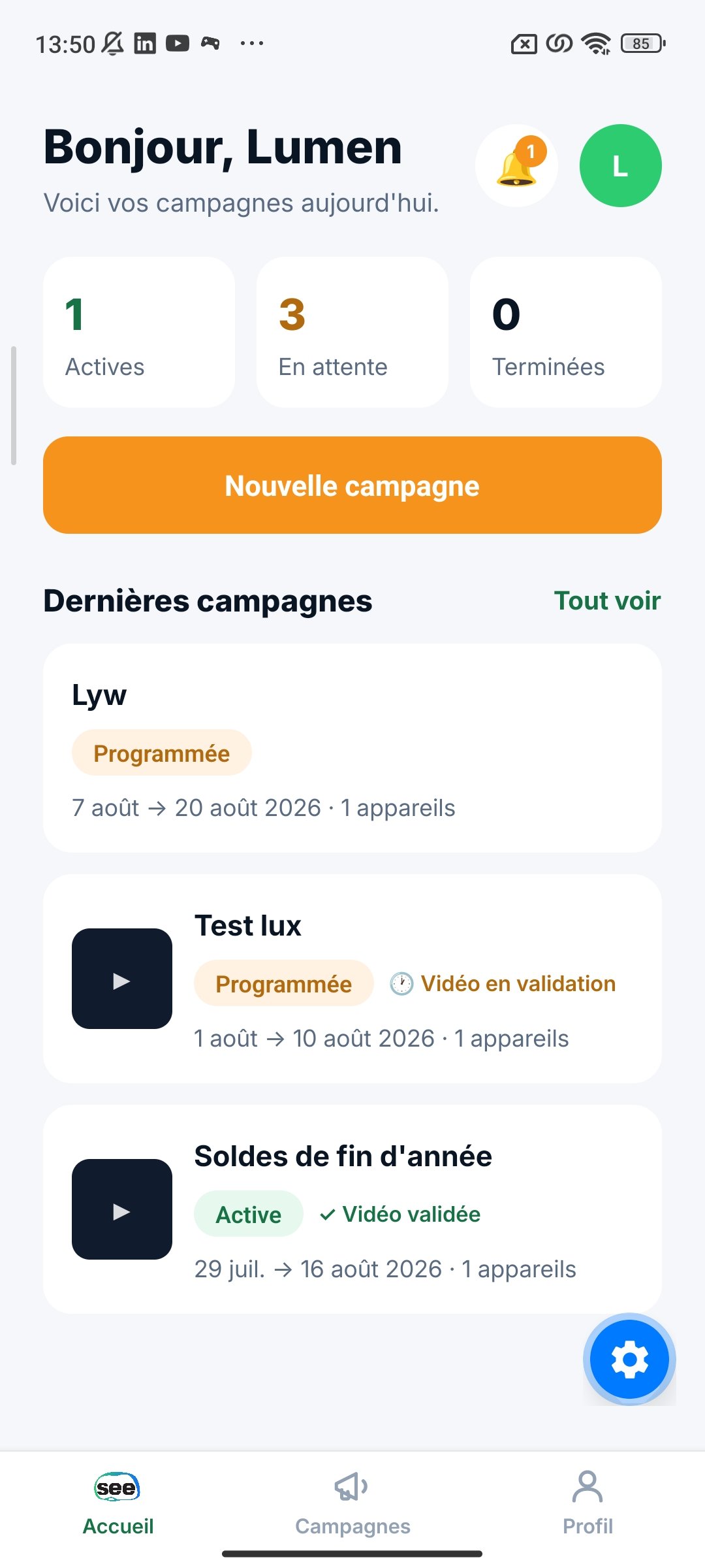 Tableau de bord "Bonjour, Lumen" avec le suivi des campagnes