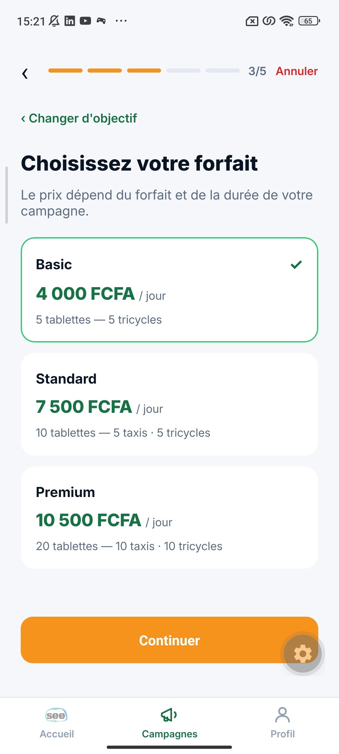 Écran "Choisissez votre forfait" avec les formules Basic, Standard et Premium