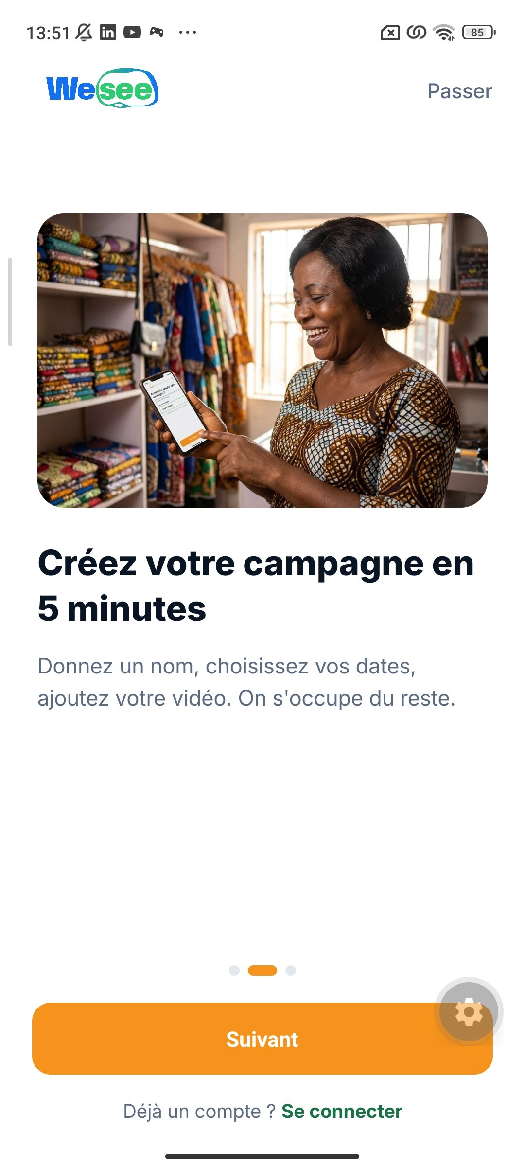 Écran "Créez votre campagne en 5 minutes"