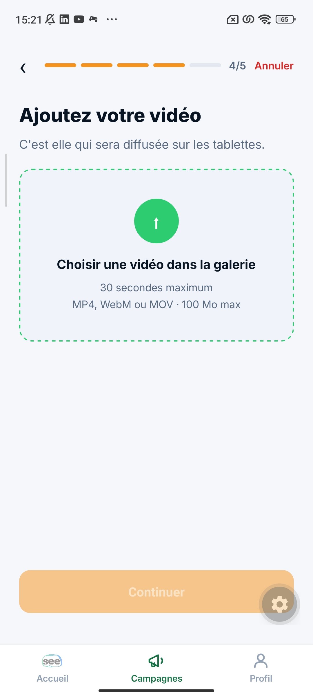 Écran "Ajoutez votre vidéo" avec le bouton "Choisir une vidéo dans la galerie"