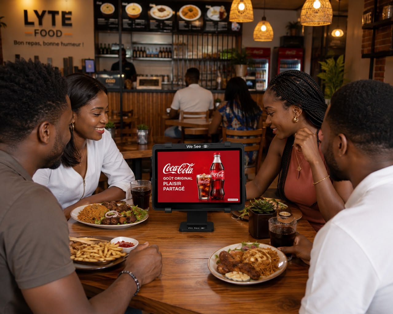 Tablette WeSee diffusant une publicité Coca-Cola sur une table de restaurant à Cotonou