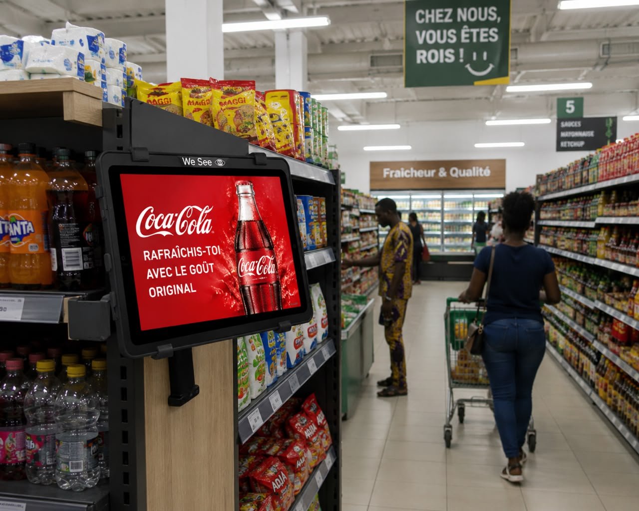 Tablette WeSee diffusant une publicité Coca-Cola sur un rayon de supermarché à Cotonou